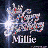 Beautiful birthday animation featuring a silver tiara decorated with ruby, emerald, and sapphire crystals for Millie.