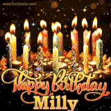 A glowing personalized birthday GIF with name Milly featuring lit candles with intricate designs, warm lighting, and the text 'Happy Birthday' in an elegant font.