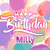 A vibrant name GIF featuring colorful balloons in shades of pink, orange, and yellow with the bold text 'Happy Birthday Milly' in festive fonts, creating a lively birthday vibe.