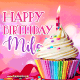 A vibrant birthday GIF featuring a rainbow-colored cupcake topped with white frosting, sprinkles, and a lit candle. The text reads 'Happy Birthday Milo' in bold pink and violet letters with white outline.