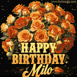 Animated bouquet of orange roses with moving butterfles and golden 'Happy Birthday Milo' text, surrounded by sparkling accents and a dark backdrop for a luxurious feel.