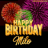 A golden 'Happy Birthday Milo' message with vibrant fireworks in the background, creating a festive and celebratory vibe in this animated name GIF.