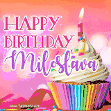 A vibrant birthday GIF featuring a rainbow-colored cupcake topped with white frosting, sprinkles, and a lit candle. The text reads 'Happy Birthday Miloslava' in bold pink and violet letters with white outline.