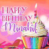 A vibrant birthday GIF featuring a rainbow-colored cupcake topped with white frosting, sprinkles, and a lit candle. The text reads 'Happy Birthday Minahil' in bold pink and violet letters with white outline.