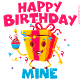 A vibrant and funny gift box character with a happy face dancing with a cupcake and the text 'Happy Birthday Mine,' surrounded by animated confetti and party vibes.