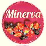 Beautifully decorated red velvet berry birthday cake with vibrant fruits and a glowing 'Minerva' name, adding a touch of sweetness and sparkle.