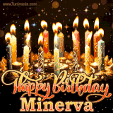 A glowing personalized birthday GIF with name Minerva featuring lit candles with intricate designs, warm lighting, and the text 'Happy Birthday' in an elegant font.