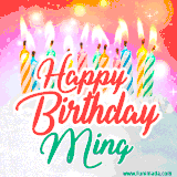 Bright birthday candles with rainbow flames on a cake, alongside the text 'Happy Birthday Ming' in vibrant script in this celebratory animated GIF.