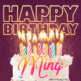 A colorful birthday cake topped with lit candles, with the words 'Happy Birthday Ming' in bold glowing letters on a burgundy background. Animated flames add a festive touch.