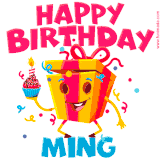 A vibrant and funny gift box character with a happy face dancing with a cupcake and the text 'Happy Birthday Ming,' surrounded by animated confetti and party vibes.