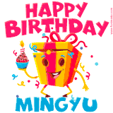 A vibrant and funny gift box character with a happy face dancing with a cupcake and the text 'Happy Birthday Mingyu,' surrounded by animated confetti and party vibes.