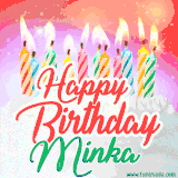 Bright birthday candles with rainbow flames on a cake, alongside the text 'Happy Birthday Minka' in vibrant script in this celebratory animated GIF.
