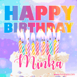 A vibrant animated name GIF with the words 'Happy Birthday Minka' with colorful candles on a creamy cake. The background sparkles with pastel shades, adding a festive touch.