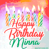 Bright birthday candles with rainbow flames on a cake, alongside the text 'Happy Birthday Minna' in vibrant script in this celebratory animated GIF.