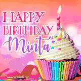A vibrant birthday GIF featuring a rainbow-colored cupcake topped with white frosting, sprinkles, and a lit candle. The text reads 'Happy Birthday Minta' in bold pink and violet letters with white outline.