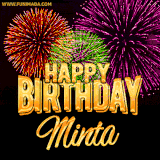 A golden 'Happy Birthday Minta' message with vibrant fireworks in the background, creating a festive and celebratory vibe in this animated name GIF.