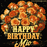 Animated bouquet of orange roses with moving butterfles and golden 'Happy Birthday Mio' text, surrounded by sparkling accents and a dark backdrop for a luxurious feel.