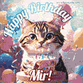 Happy birthday gif for Mir with cat and cake