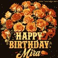 Beautiful bouquet of orange and red roses for Mira, golden inscription and twinkling stars