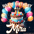 Hand-drawn happy birthday cake adorned with an arch of colorful balloons - name GIF for Mira