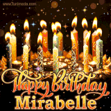 A glowing personalized birthday GIF with name Mirabelle featuring lit candles with intricate designs, warm lighting, and the text 'Happy Birthday' in an elegant font.