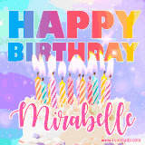 A vibrant animated name GIF with the words 'Happy Birthday Mirabelle' with colorful candles on a creamy cake. The background sparkles with pastel shades, adding a festive touch.