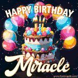 Bright birthday animation for Miracle with a chocolate cake, candles, balloons, and glowing celebratory lights.