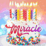 A cheerful white birthday cake with multicolor sprinkles, lit candles, and 'Miracle' written in vibrant letters, in an animated GIF.
