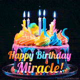A mesmerizing animated cake with multicolor frosting and candles, and the words 'Happy Birthday Miracle' on the black background.