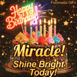 A chocolate frosted cake on a gold stand with glowing yellow candles and the text Shine Bright Today! personalized for Miracle.