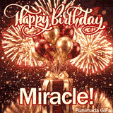 A luxury red present tied with a golden bow and topped with gold and burgundy balloons, personalized with the name Miracle