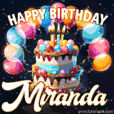 Bright birthday animation for Miranda with a chocolate cake, candles, balloons, and glowing celebratory lights.
