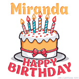 Cartoon birthday cake with a red bow, glowing candles, and 'Miranda Happy Birthday' text in bold animated style.