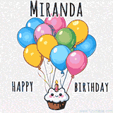 An adorable and cute cupcake with a smiley face and moving colorful balloons create a joyful birthday greeting for Miranda in this cheerful animated greeting E-card.