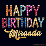 Vibrant luxury birthday greeting card for Miranda, showing glittering gemstone letters and golden calligraphy on a dark background with twinkling shine effects.