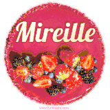 Beautifully decorated red velvet berry birthday cake with vibrant fruits and a glowing 'Mireille' name, adding a touch of sweetness and sparkle.