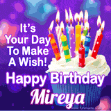 A colorful birthday GIF for Mireya featuring a cupcake with vibrant lit candles and the text 'It's Your Day to Make a Wish! Happy Birthday Mireya' in bold letters on a festive purple background.