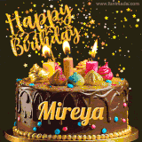A delightful chocolate birthday cake with bright candles and 'Happy Birthday Mireya' written in gold amidst a shower of animated stars.