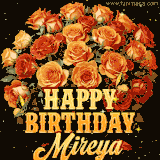 Animated bouquet of orange roses with moving butterfles and golden 'Happy Birthday Mireya' text, surrounded by sparkling accents and a dark backdrop for a luxurious feel.