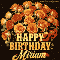 Beautiful bouquet of orange and red roses for Miriam, golden inscription and twinkling stars