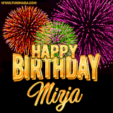 A golden 'Happy Birthday Mirja' message with vibrant fireworks in the background, creating a festive and celebratory vibe in this animated name GIF.
