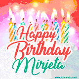 Bright birthday candles with rainbow flames on a cake, alongside the text 'Happy Birthday Mirjeta' in vibrant script in this celebratory animated GIF.