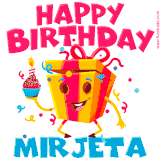 A vibrant and funny gift box character with a happy face dancing with a cupcake and the text 'Happy Birthday Mirjeta,' surrounded by animated confetti and party vibes.