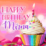A vibrant birthday GIF featuring a rainbow-colored cupcake topped with white frosting, sprinkles, and a lit candle. The text reads 'Happy Birthday Mirna' in bold pink and violet letters with white outline.