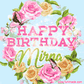 A charming animated GIF featuring 'Happy Birthday Mirna' in pink and green text, surrounded by delicate roses, leaves, and fluttering butterflies on a soft light blue pastel background.