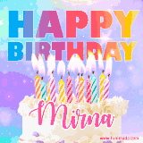 A vibrant animated name GIF with the words 'Happy Birthday Mirna' with colorful candles on a creamy cake. The background sparkles with pastel shades, adding a festive touch.