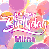 A vibrant name GIF featuring colorful balloons in shades of pink, orange, and yellow with the bold text 'Happy Birthday Mirna' in festive fonts, creating a lively birthday vibe.