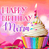 A vibrant birthday GIF featuring a rainbow-colored cupcake topped with white frosting, sprinkles, and a lit candle. The text reads 'Happy Birthday Mirra' in bold pink and violet letters with white outline.
