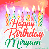 Bright birthday candles with rainbow flames on a cake, alongside the text 'Happy Birthday Miryam' in vibrant script in this celebratory animated GIF.