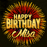 Golden 'Happy Birthday Misa' text accompanied by animated rainbow fireworks for a festive animated greeting.